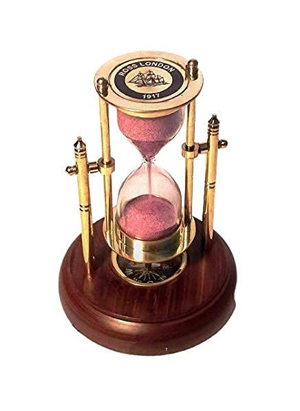 Antique Brass Sand Timer with Compass on Wooden Base Hour Glass Clock Nautical Theme Decor Height 5 Inches 1 Minute Brown Creative Gifts for Home Office Study Desk