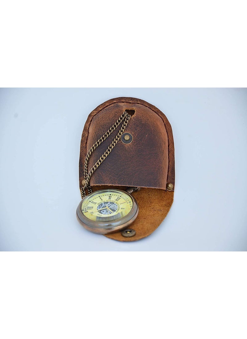 Handmade Antique Brass Clock Roman Numerals Clock with Chain and A Brown Leather Bag