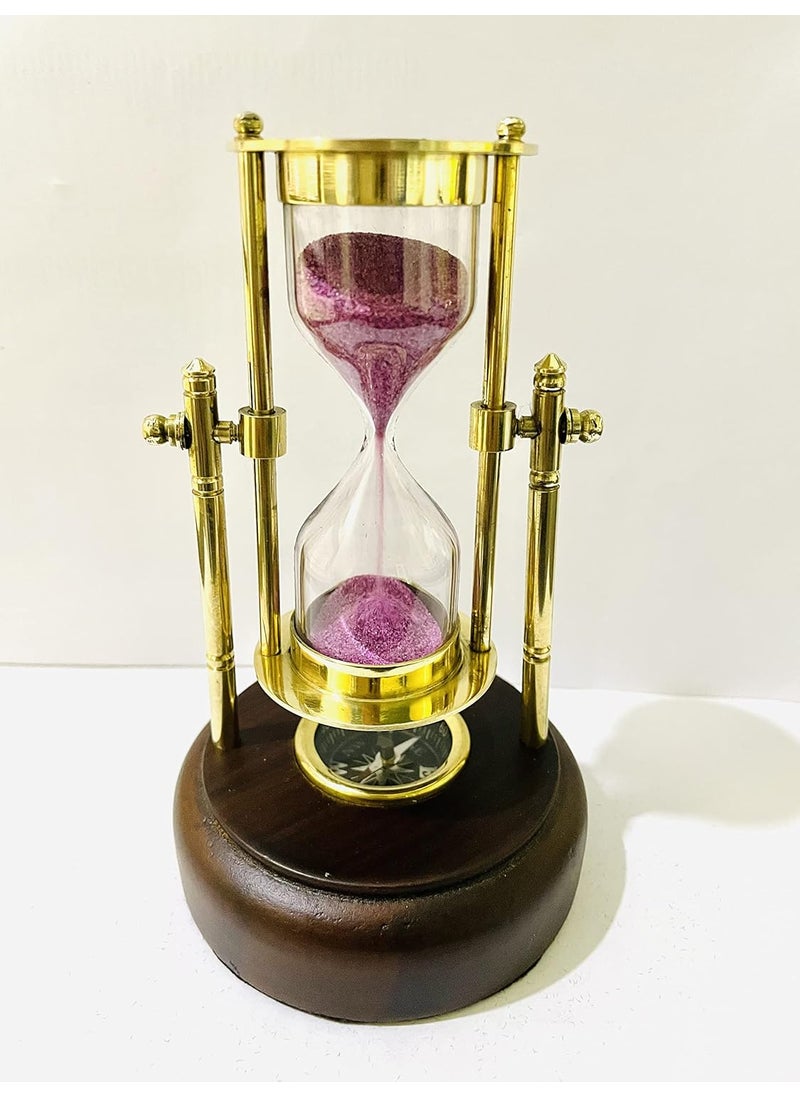 Sand Timer sandclock Antique Brass Sand Timer with Compass on Wooden Base Hourglass Clock Nautical Theme Decor Height 5 Inches 1 Minute Brown