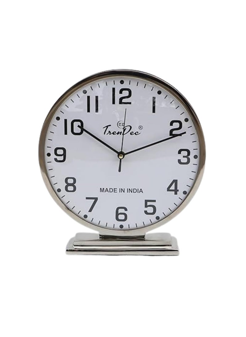 TrenDec Table Clock Aesthetic Clock Home Decor Office Desk Living Room Centre Table Bedroom Study Room Metal Round Silver Finish Table Clock