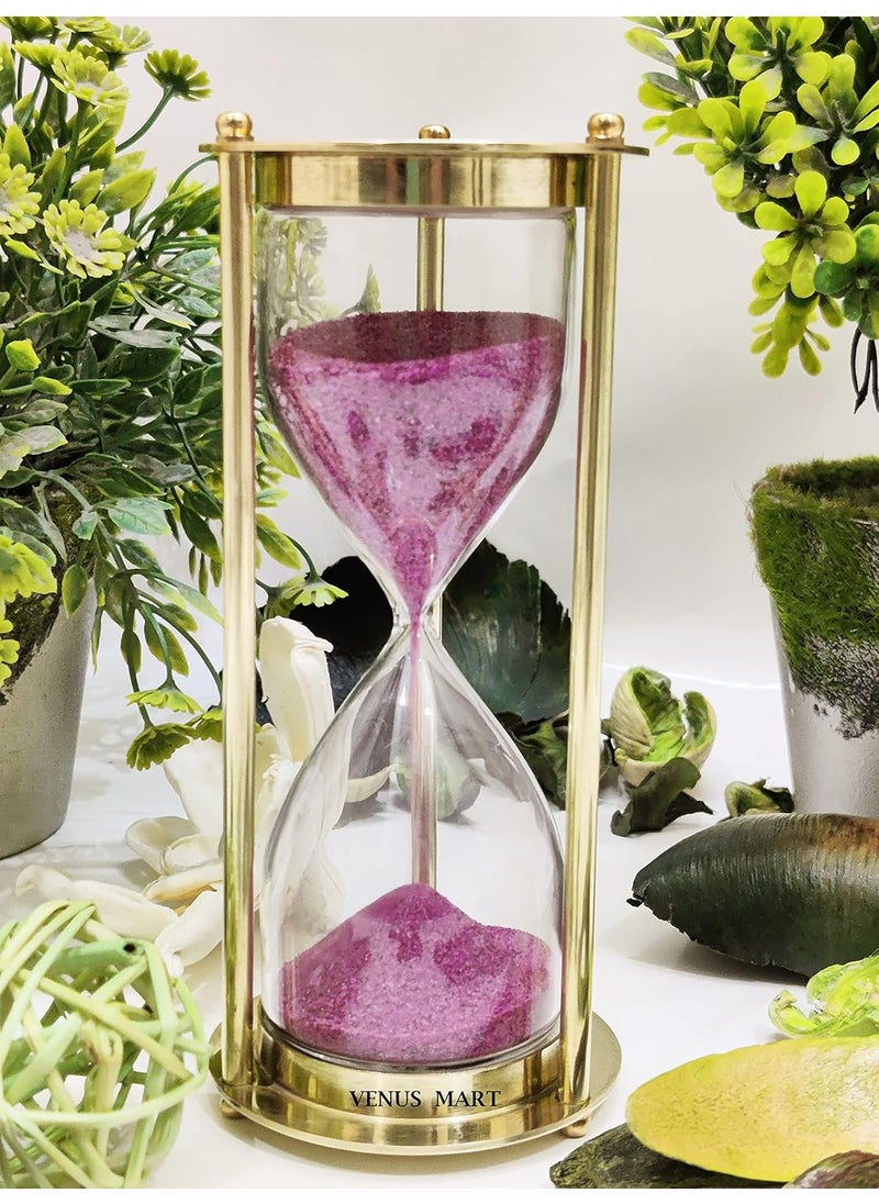 NORVILLE Wooden and Brass Sand Timer Hour Glass Sandglass Clock Antique Decorative Theme Height 6 Inches 5 Minutes Sand Clock for Home Decoration Gift Item Pink Sand