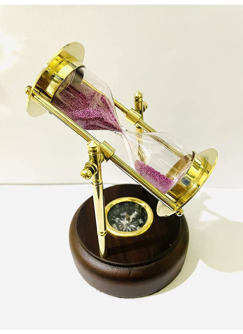 Antique Brass Sand Timer with Compass on Wooden Base Sand Timer sandclock Hourglass Clock Nautical Theme Decor Height 5 Inches 1 Minute Brown