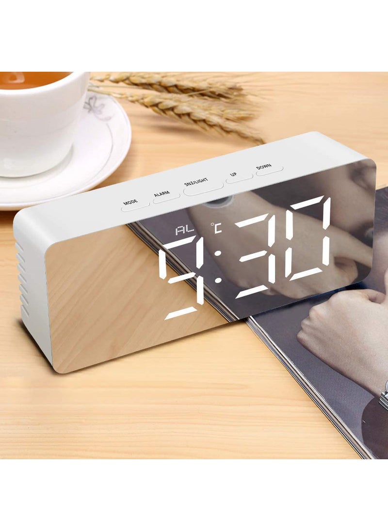 WOLTAX Digital Mirror Alarm Clock for Heavy Sleepers Kids Large LED Display with Snooze Time with Temperature Function for Bedroom Office Travel Battery Powered USB Powered White