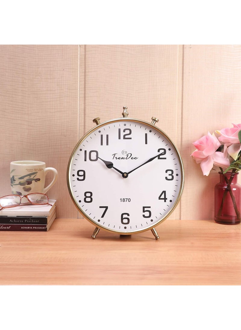 TrenDec Metal Round Gold Finish Table Analog Clock for Bedroom Tableware Decorative Item Clock for Table Office Desk Kitchen Gold VintageDia 10 Inch Table Clock for Study
