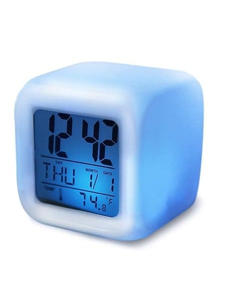 Superstore BeOne Creative India Square Color Changing Digital LCD Alarm Table Desk Clock with Calender Time Temperature Lights