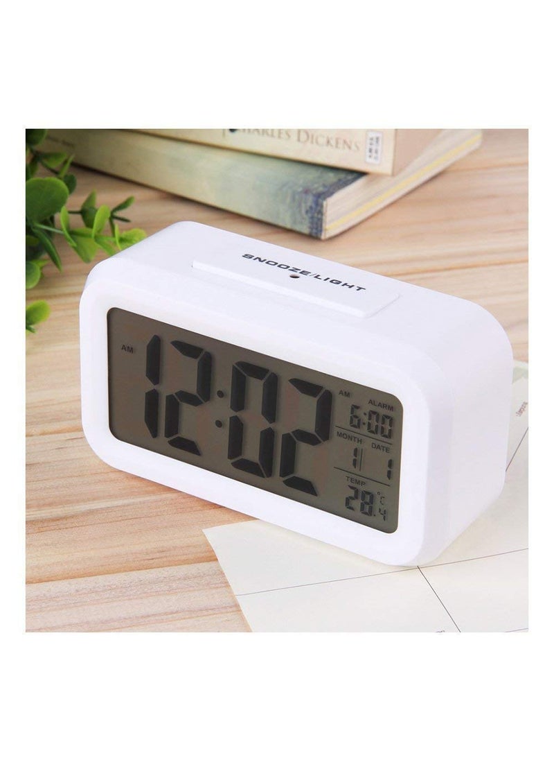 WOLTAX Plastic Digital Smart Backlight Battery Operated Alarm Table Clock with Automatic Sensor Date and Temperature Upgraded White