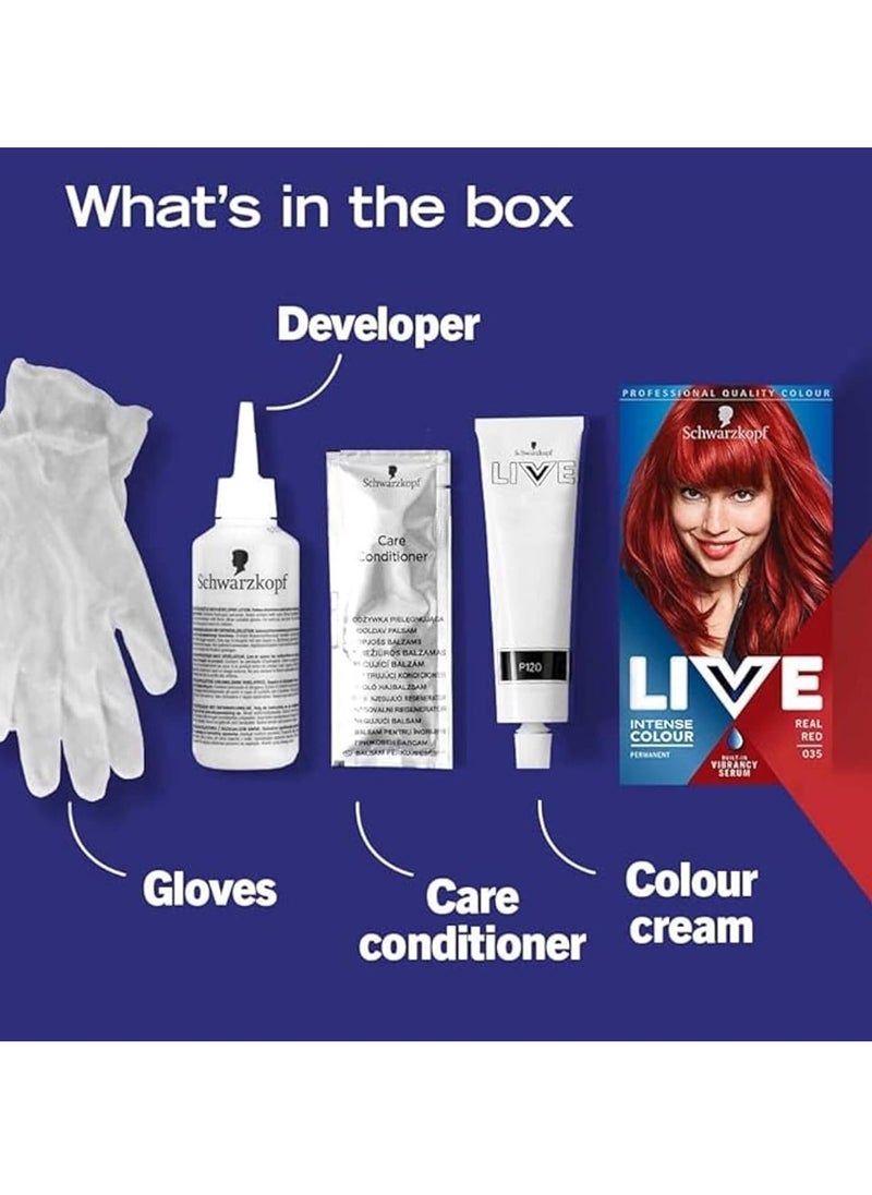 live Intense Hair Colour Permanent Red Hair Dye Built In Vibrancy Serum Real Red 035