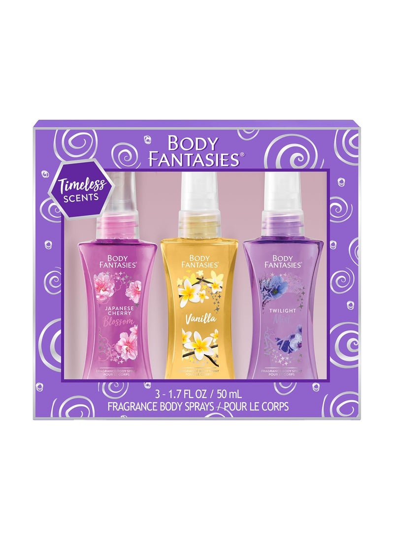 Body Fantasies Body Spray Holiday Gift Set for Her - 3 Piece Timeless Scents Sampler, Perfect for Stocking Stuffers