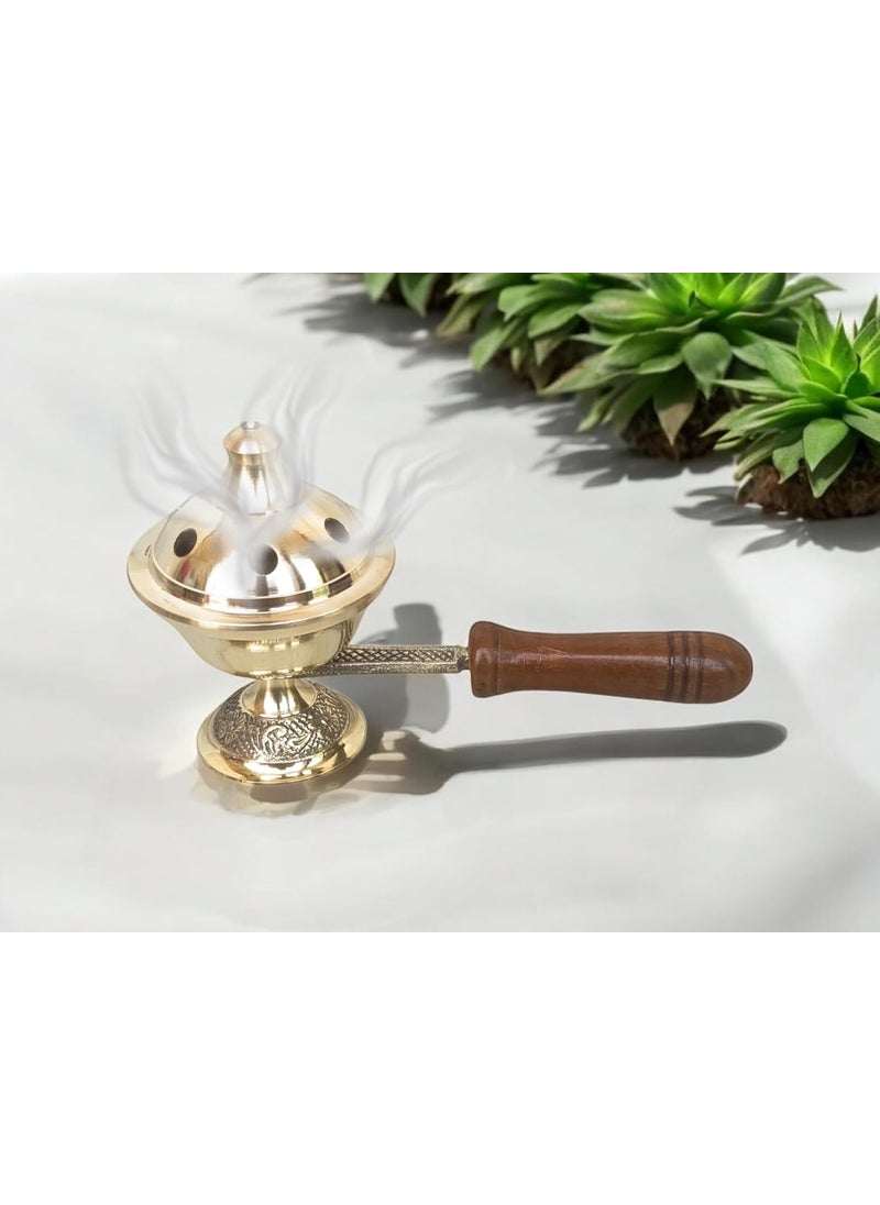 Blissful decor Brass Antique Design Dhoop Dani Pot Bakhoor Holder Dhoop Batti Stand Pooja Items Incense Holder Burner for Home Office Living Pooja Puja Room Small w Wooden HandleSmall Size
