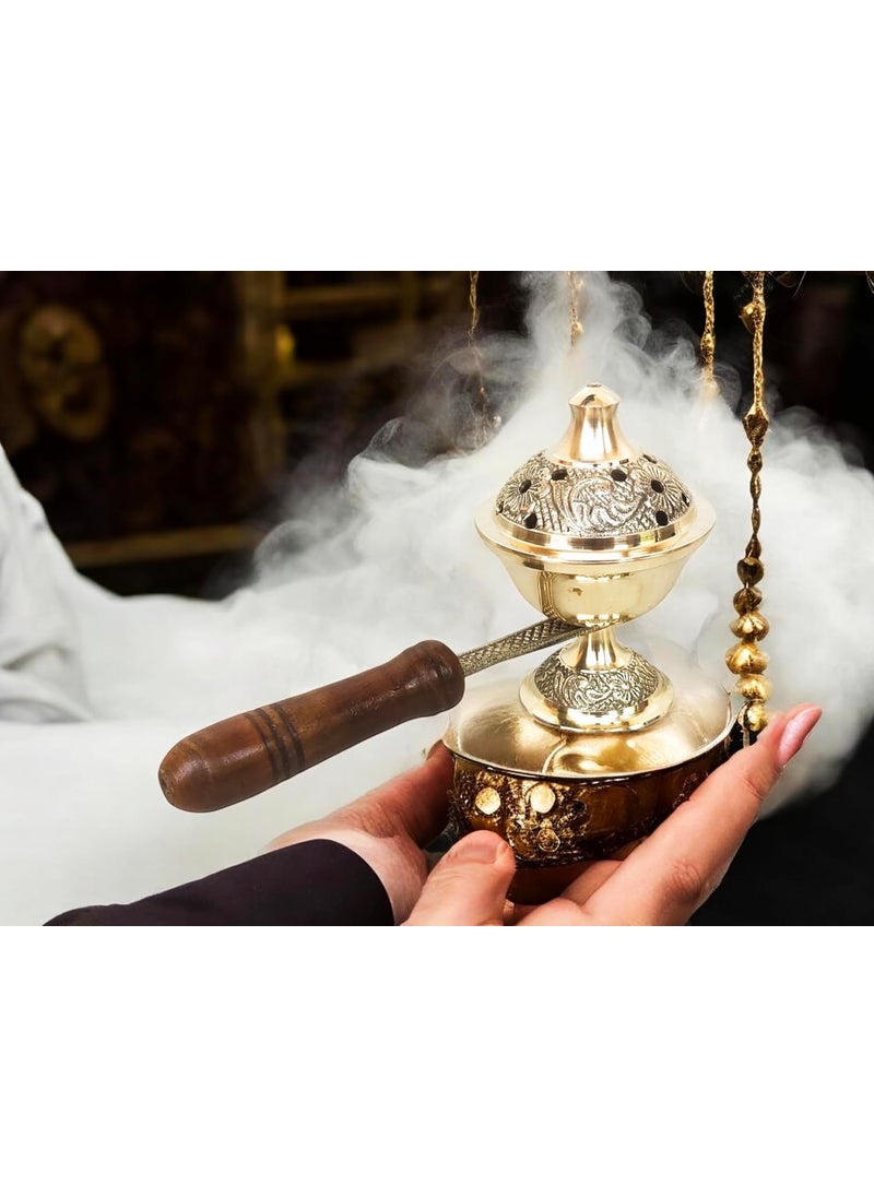 Blissful decor Presents Brass Antique Design Dhoop Dani Pot Bakhoor Holder Dhoop Batti Stand Pooja Items Incense Holder Burner for Home Office Living Pooja Puja Room Small w Wooden Handle