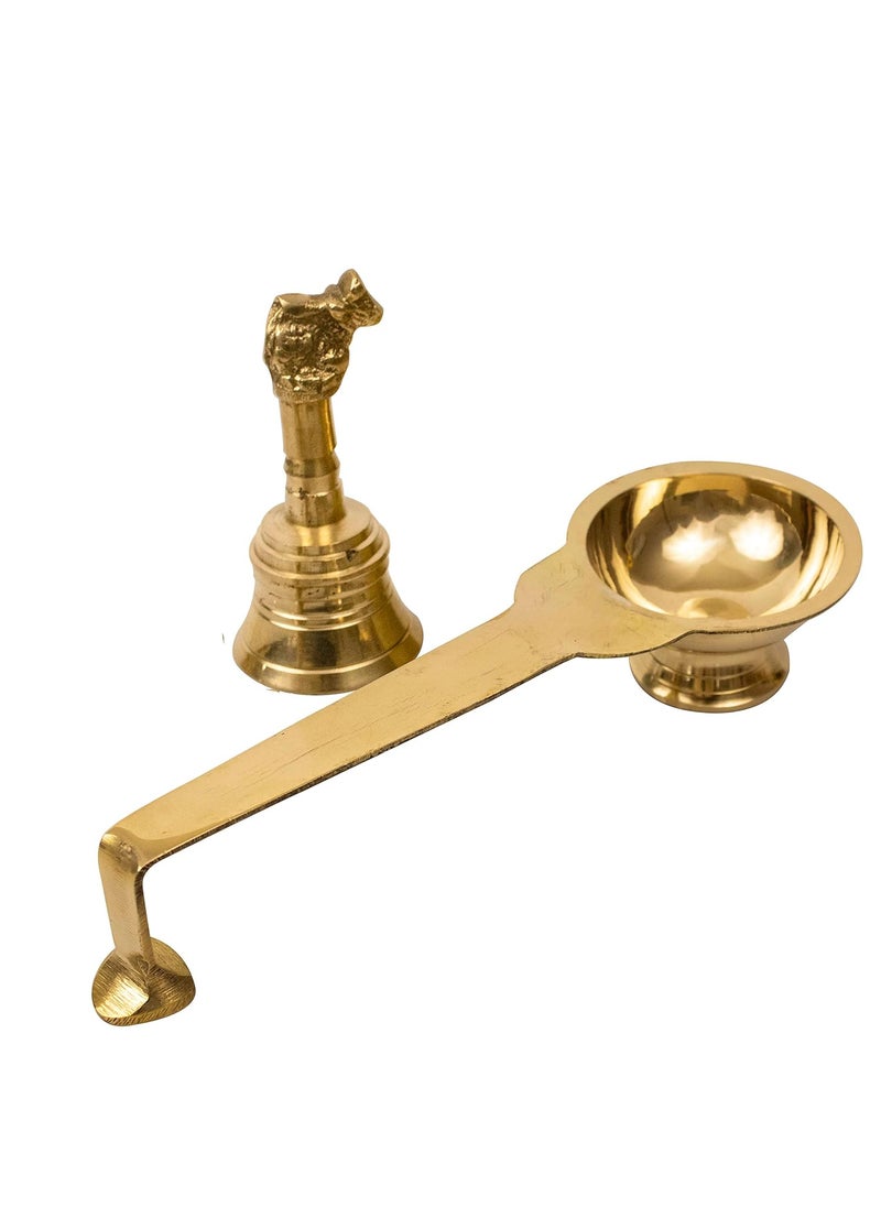 Spillbox Traditional Puja Pooja Combo of Brass Kapoor Karpoor Diya Deepam Burner Brass KarpuramCamphor Stand for Dhoop Puja Combo of Nandi BellGandi for Puja LB Set