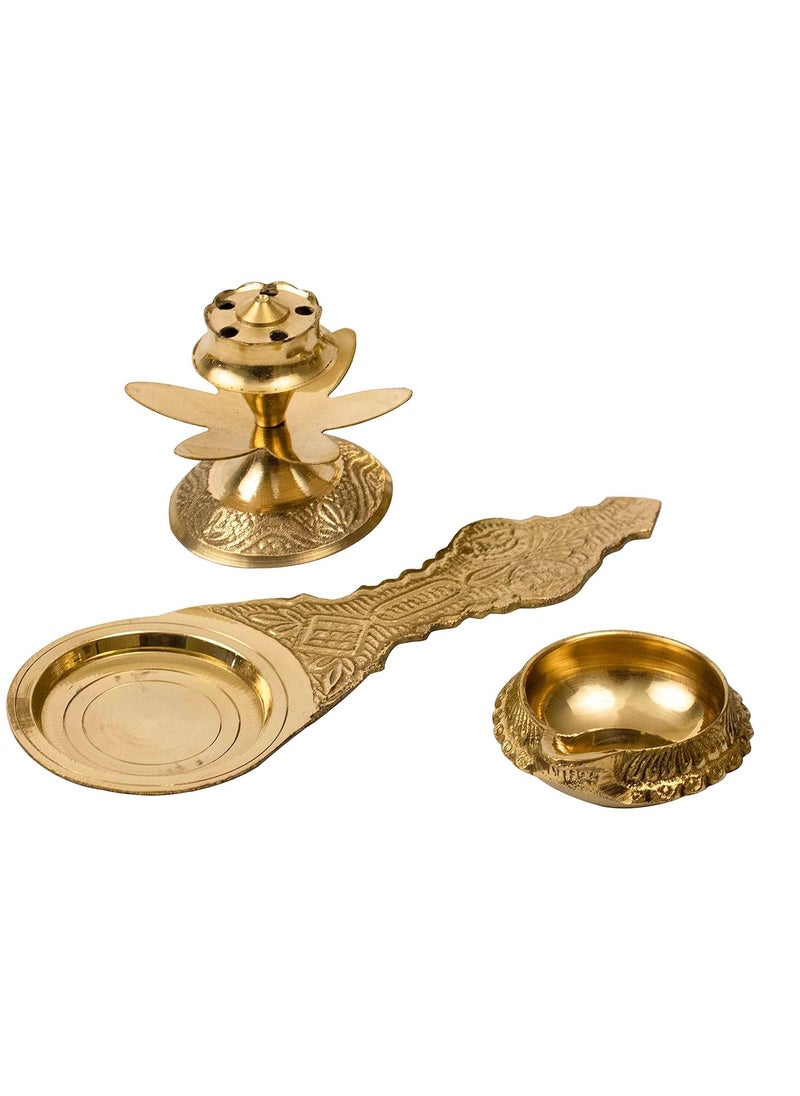 Spillbox Traditional Brass Kapoor Spoon Kapoor Aarti Combo of Incense Stick Holder Agarbatti Dhoop and Brass Kuber Diya for PujaKUBERKD