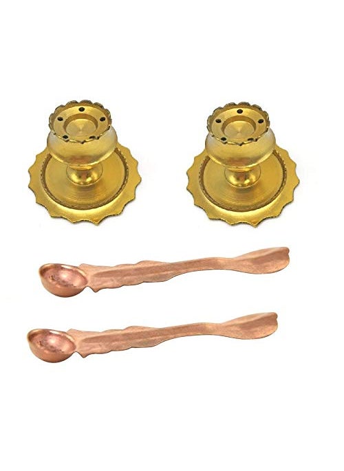 Stylewell Combo of 2 Pcs Copper Panch Patra Spoon with 2 Pcs Brass Incense Stick Holder