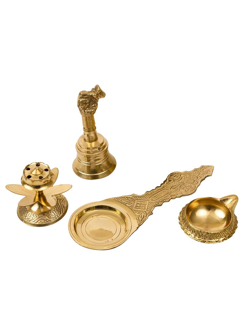 Spillbox Traditional Brass Combo of Nandi Bell Ghanti Incense Stick Holder Agarbatti Dhoop Kapoor Aarti Spoon and Brass Diya for PujaKUBERBKD