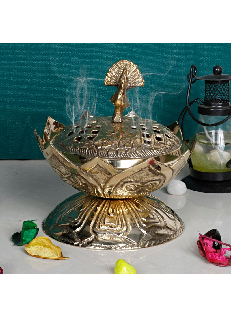 Artvarko Brass Lotus Peacock Incense Loban Holder Dhuna Charkol Dhoop Dani Aarti Loban Burner Purifying for Home Office Temple God Puja