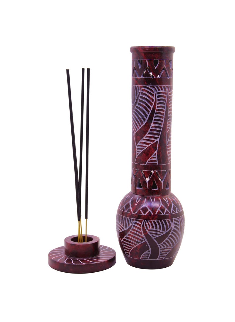 KC KULLICRAFT Marble Soapstone Red Bottle Incense Stick Holder Agarbatti Stand Tea Light Burner Jaali Carving Incense Stick Holder for Puja and Home Decor