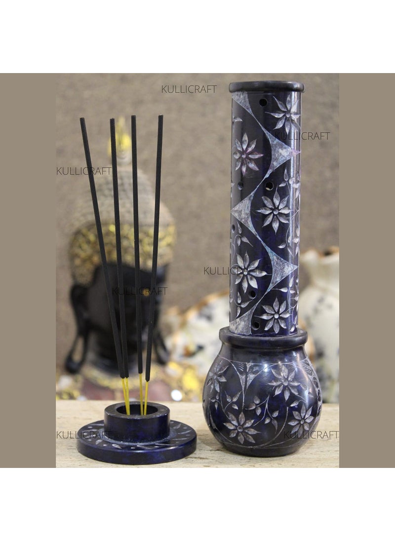 KC KULLICRAFT Marble Blue Sunshine Soapstone Bottle Incense Stick Holder Agarbatti Stand Tea Light Burner Jaali Carving Incense Stick Holder for Home DecorRound