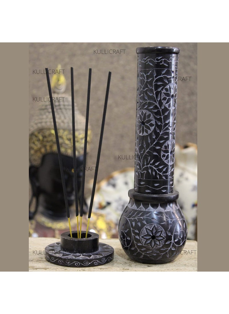 KC KULLICRAFT Marble Black Floral Soapstone Bottle Incense Stick Holder Agarbatti Stand Tea Light Burner Jaali Carving Stand for Home DecorRound