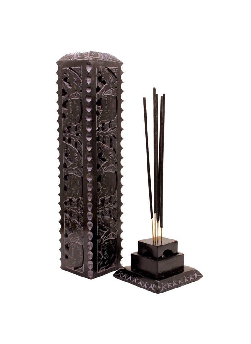 KC KULLICRAFT Marble Incense Stick Holder Agarbatti Stand Candle Burner Handmade Elephant Black Carving Soapstone for Puja and Home Decor Square