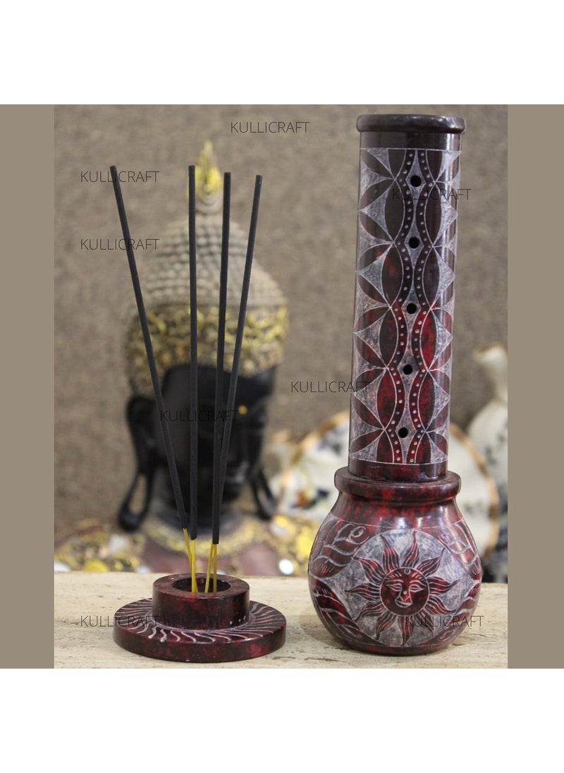 KC KULLICRAFT Marble Red Sunshine Soapstone Bottle Incense Stick Holder Agarbatti Stand Tea Light Burner Jaali Carving Incense Stick Holder for Home DecorRound