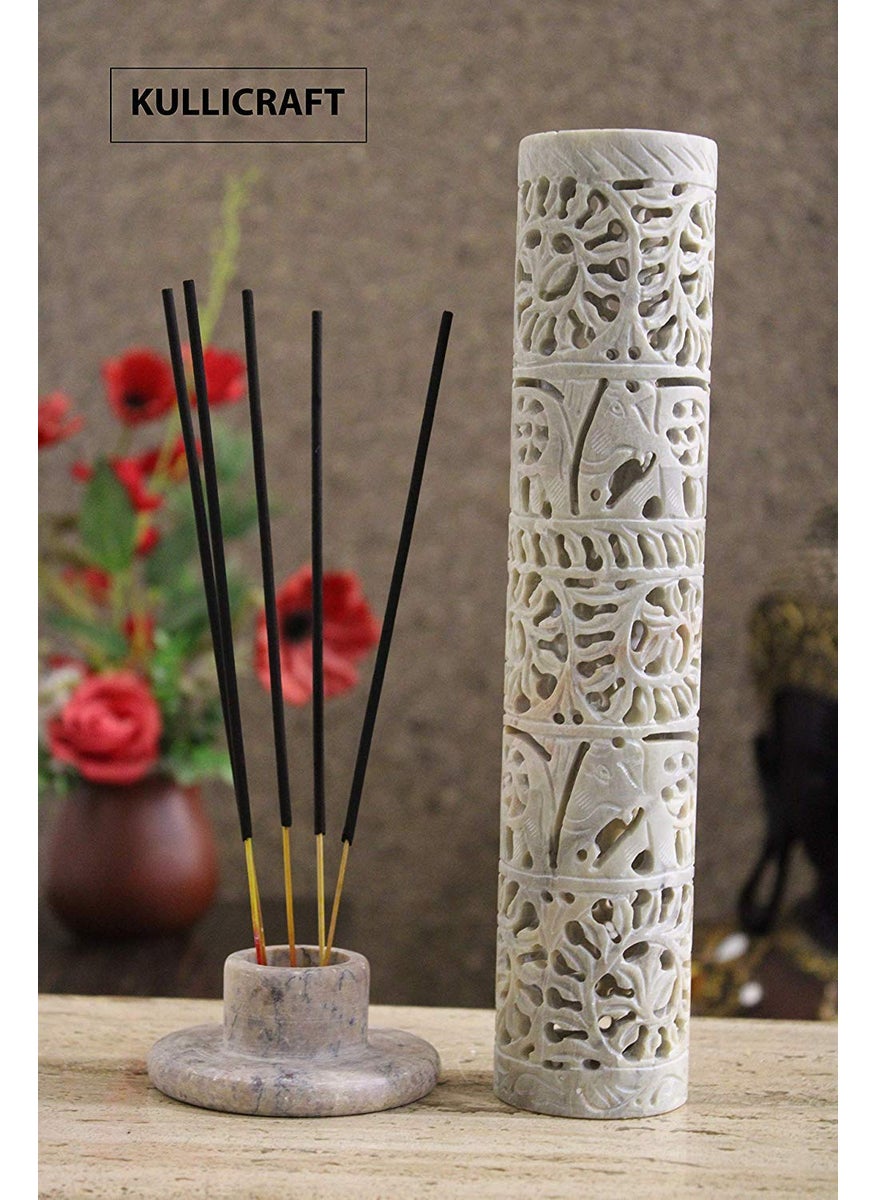 KC KULLICRAFT Handcrafted Soapstone Marble Work Incense Holder Tea Light Candle Holder Diffuser Agarbaati Stands Free 6 Incense Sticks Natural Herbal Fragnance