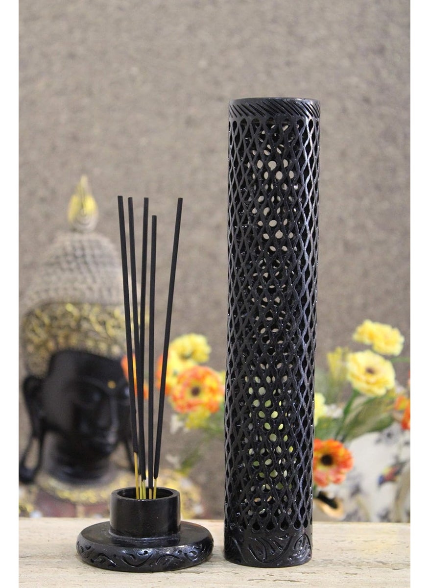 KC KULLICRAFT Marble Soapstone Black Incense Stick Holder Agarbatti Stand Tea Light BurnerHandmade Jaali Carving for Home DecorRound