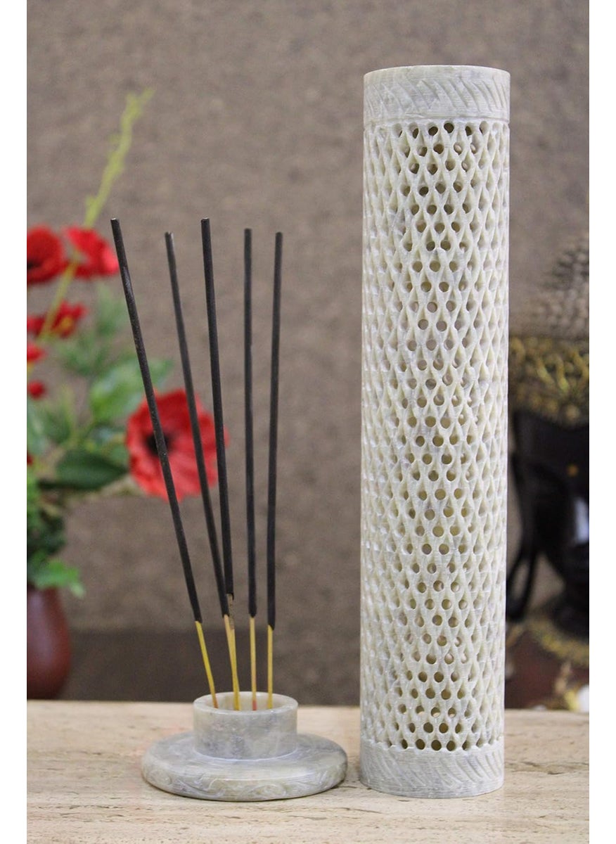 KC KULLICRAFT Handcrafted Soapstone Marble Work Incense Holder Tea Light Candle Holder Diffuser Agarbaati Stands Free 6 Incense Sticks White Musk Fragnance