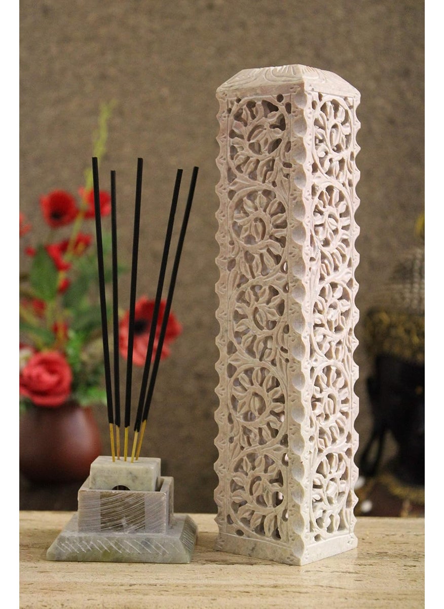 KC KULLICRAFT 11 Inch Decorative Hand Carved Soapstone Incense Holder for Home DecorGift Floral Design with Free 6 Incense SticksAggarbatti Lavender Fragrance