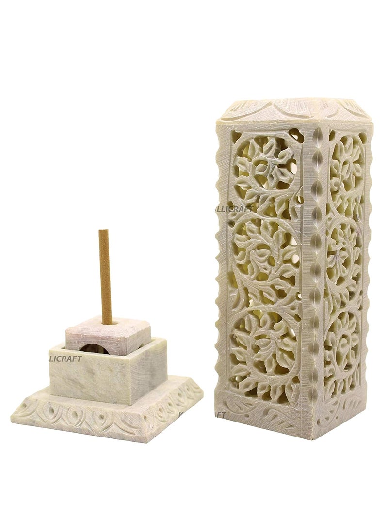 KC KULLICRAFT Soapstone Marble Handcrafted Floral Carving Incense Agarbati Stand Holder for Puja with 6 Dhoop Batti