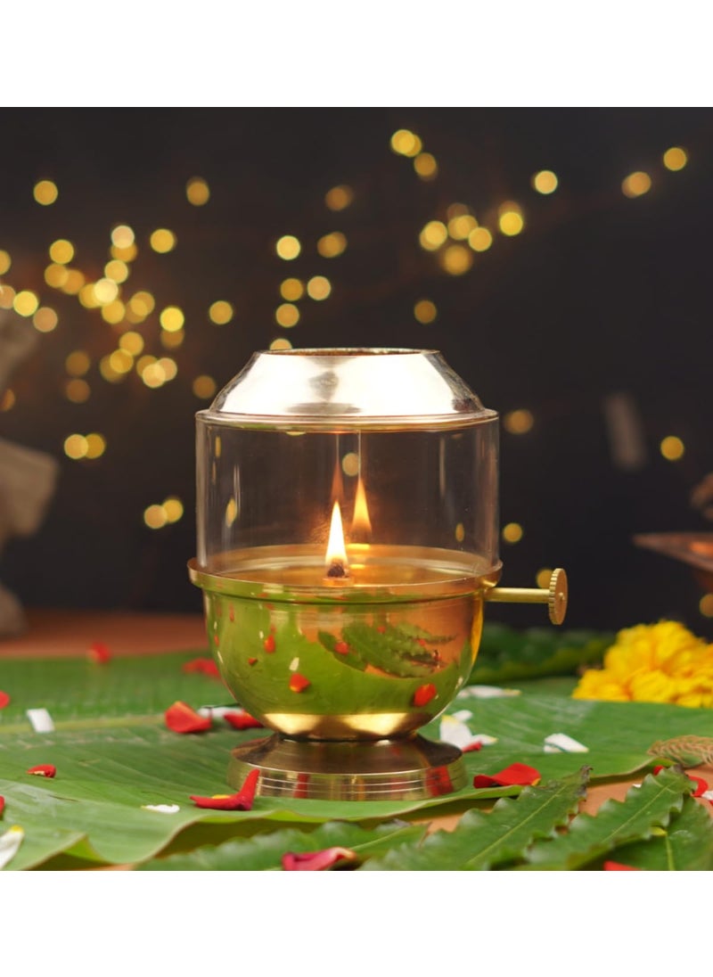 ServDharm Brass Akhand Jyoti Diya for Puja with Adjustable Bati Knob Wick Lifting Screw Lever Borosilicate Glass Cover Large 250 ml Oil Capacity Stay Lit for 48 Hours Authentic Borosilicate