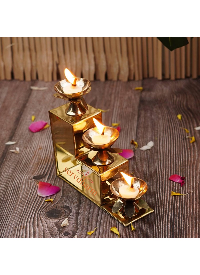 ServDharm 3 Steps Decorative Brass Diya for Puja 13 cm