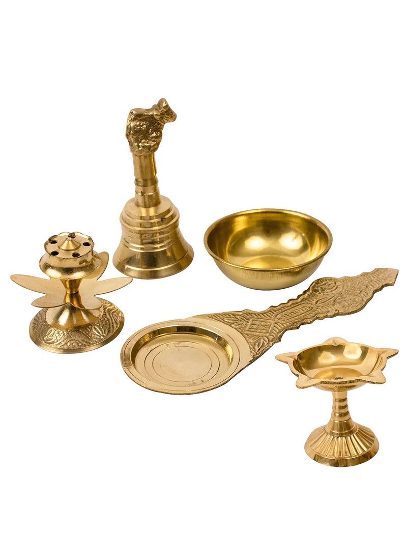 Spillbox Traditional Puja Pooja Combo of Brass Nandi Bell Ghanti Combo of Incense Stick Holder Agarbatti Dhoop Kapoor Spoon Prasad Bowl and Brass Diya for PujaFSDKBPKD