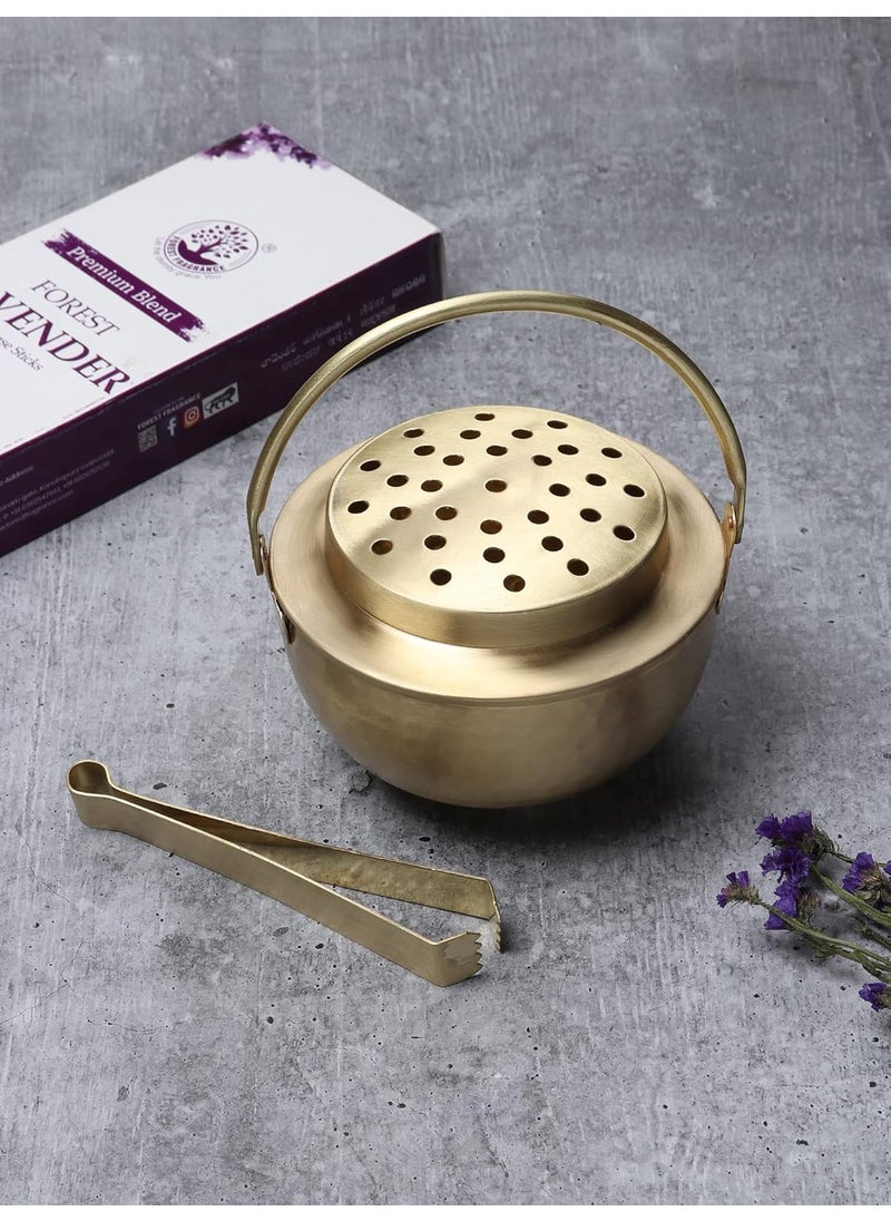 Dokchan Home Iron Metal Dhuna Loban Burner Dhooni Dhoop Dani Dhuni Decorative Antique lobandan insence Burner with Iron Chimta Or Iron Bowl Matte Gold