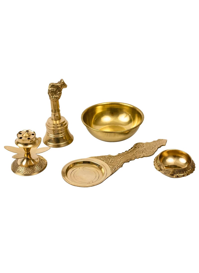 Spillbox Traditional Brass Nandi Bell Ghanti Combo of Incense Stick Holder Agarbatti Dhoop Kapoor Spoon Prasad Bowl and Brass Diya for PujaKUBERBPKD