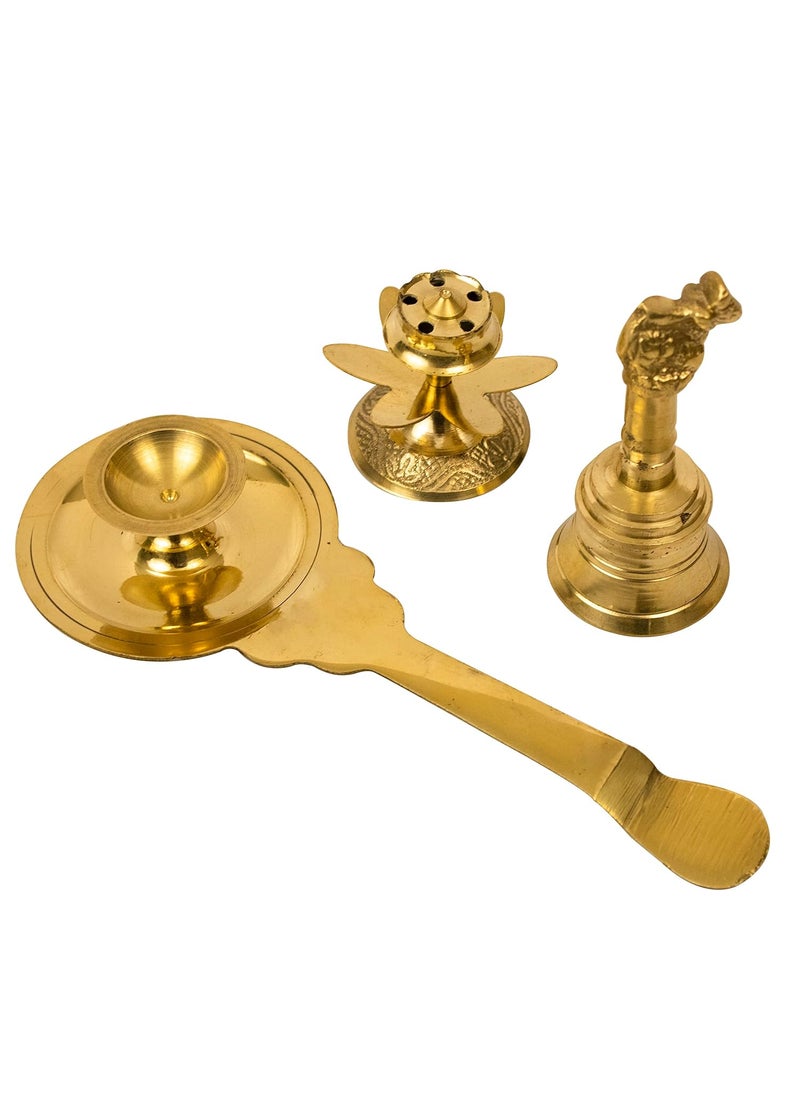 Spillbox Traditional Puja Pooja Combo of Brass Kapoor Karpoor Diya Deepam Burner Brass Karpuram Arati Arathi Aarti Arti Nandi BellGandi for Puja GDB Set
