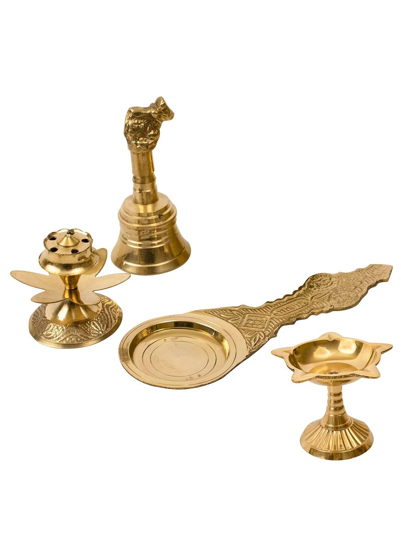 Spillbox TTraditional Puja Pooja Combo of Brass Nandi Bell Ghanti Incense Stick Holder Agarbatti Dhoop Kapoor Aarti Spoon and Brass Diya for PujaFSDK BKD