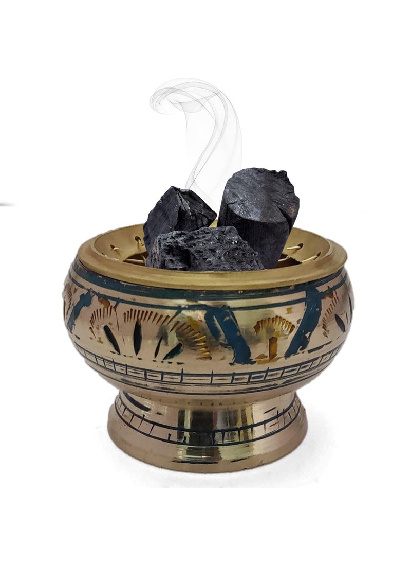 GURU JEE Brass Mesh Incense Burner Charcoal Engraved Design Loban Burner Bakhoor Burner Sambr Golden Blue