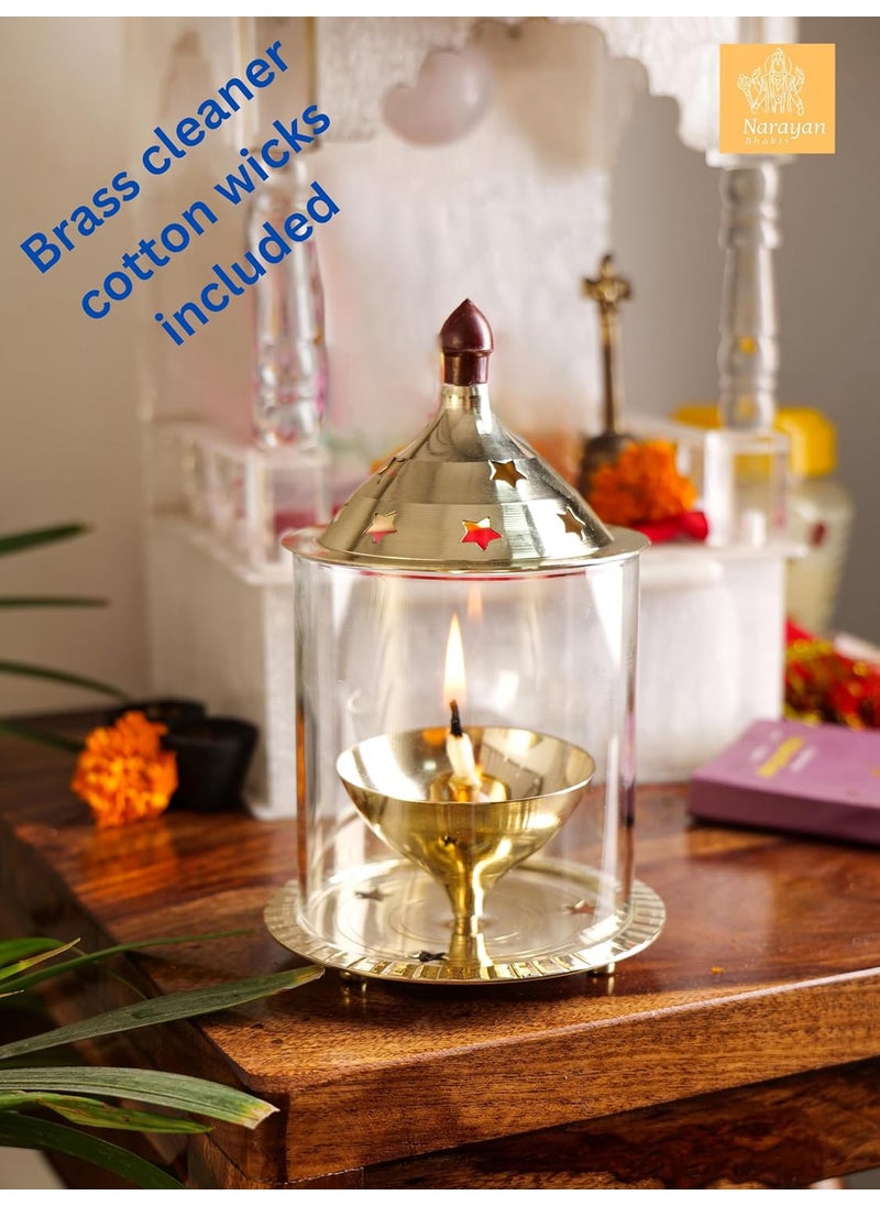 Narayan Bhakti akhand jyot with Glass and Oil lampBurning 6 hrs for Home Office Puja Mandir Decorative Lantern Diya with GlassShade Cover for Prayer