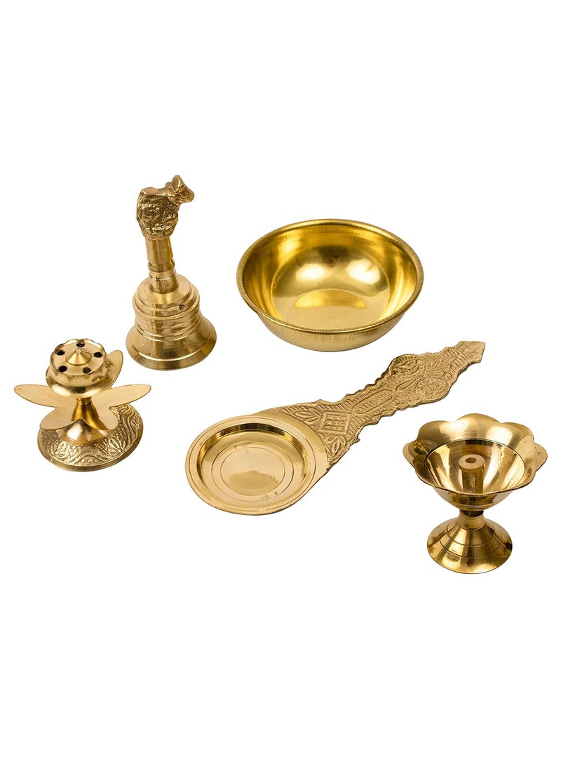 Spillbox Traditional Brass Nandi Bell Ghanti Combo of Incense Stick Holder Agarbatti Dhoop Kapoor Spoon Prasad Bowl and Brass Diya for PujaSMDPBPKD