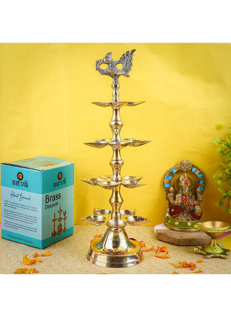SATVIK 1 Pc Brass Panchmukhi Peacock Kerala Samai Puja Diya Kutthu Vilakku Oil Lamp Pooja 4 Step Diya Engraved Design Deepak Indian Diwali Pooja Home Mandir Office Dcor Return Gift Items