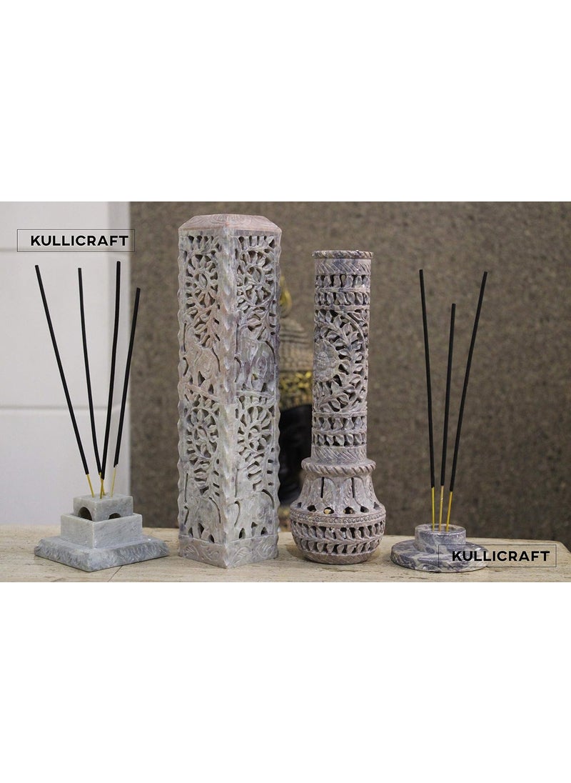 KC KULLICRAFT Handcrafted Natural Soapstone Marble Incense Agarbatti Stand for Puja Set of 2 with 12 Chandan Fragrance Sticks Combo 12