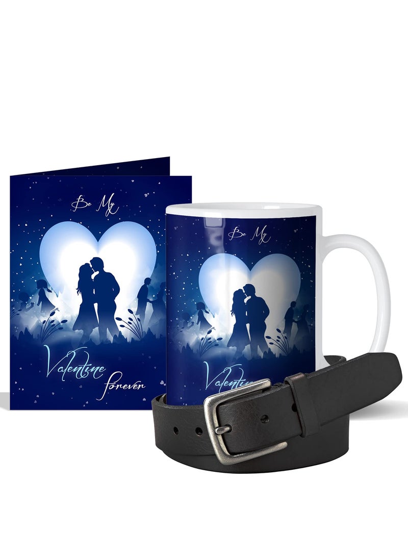 GIFT MY PASSION Be My Valentine Forever BoyfriendGirlfriendGift for Valentine Surprise Greeting Card Coffee Mug 350ml with Black Belt for Men Hamper Pack of 3 Gift for Him