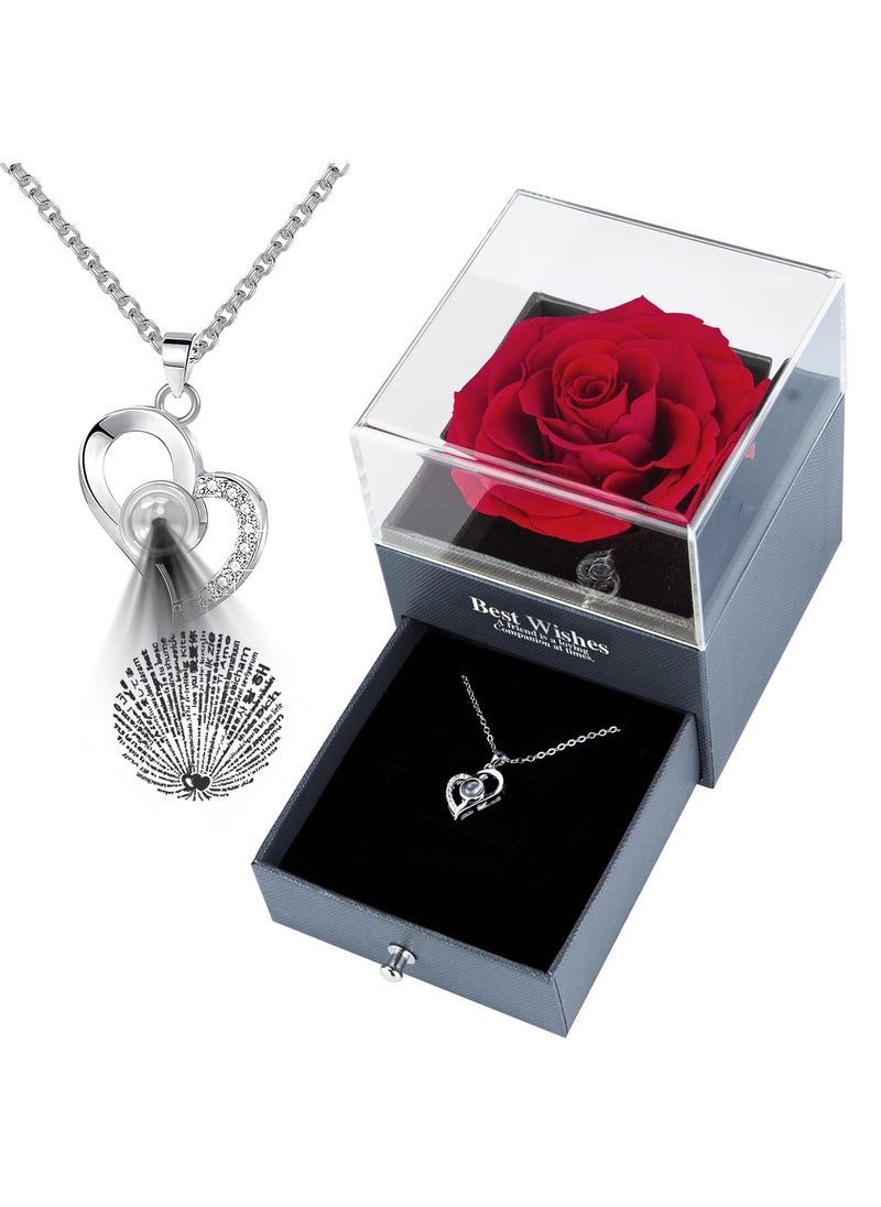 NVRGIUP Preserved Real Rose with I Love You 100 Languages Heart Necklace Gifts Set for Women Eternal Rose Flower Gifts for Wife Girlfriend Mom Grandma in Valentines Day Mothers Day