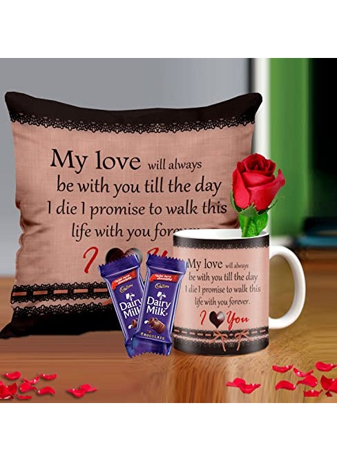 Midiron Gift for Spouse Romantic Gift for Girlfriend Valentines Day Gift for Wife Microfiber Filler Cushion Coffee Mug Artificial Rose 2 Dairy Milk Chocolate Pack of 4
