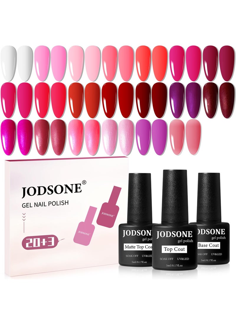 JODSONE 23 PCS Glitter Gel Polish with Soak off Base Coat Matte and Glossy Top Coat Glitter Red Pink Color High Shine and Fashion Gel Nail Polish Kit