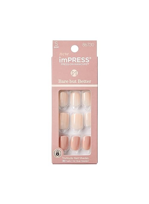 KISS imPRESS No Glue Mani Press On Nails Bare But Better Simple Pleasure Nude Short Size Squoval Shape Includes 30 Nails Prep Pad Instructions Sheet 1 Manicure Stick 1 Mini File