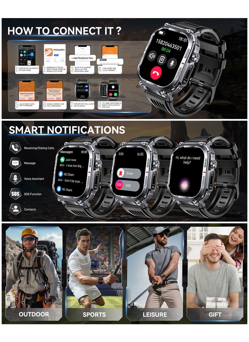 Military Smart Watch for Men 3ATM Waterproof with Call/LED Flashlight 2.02