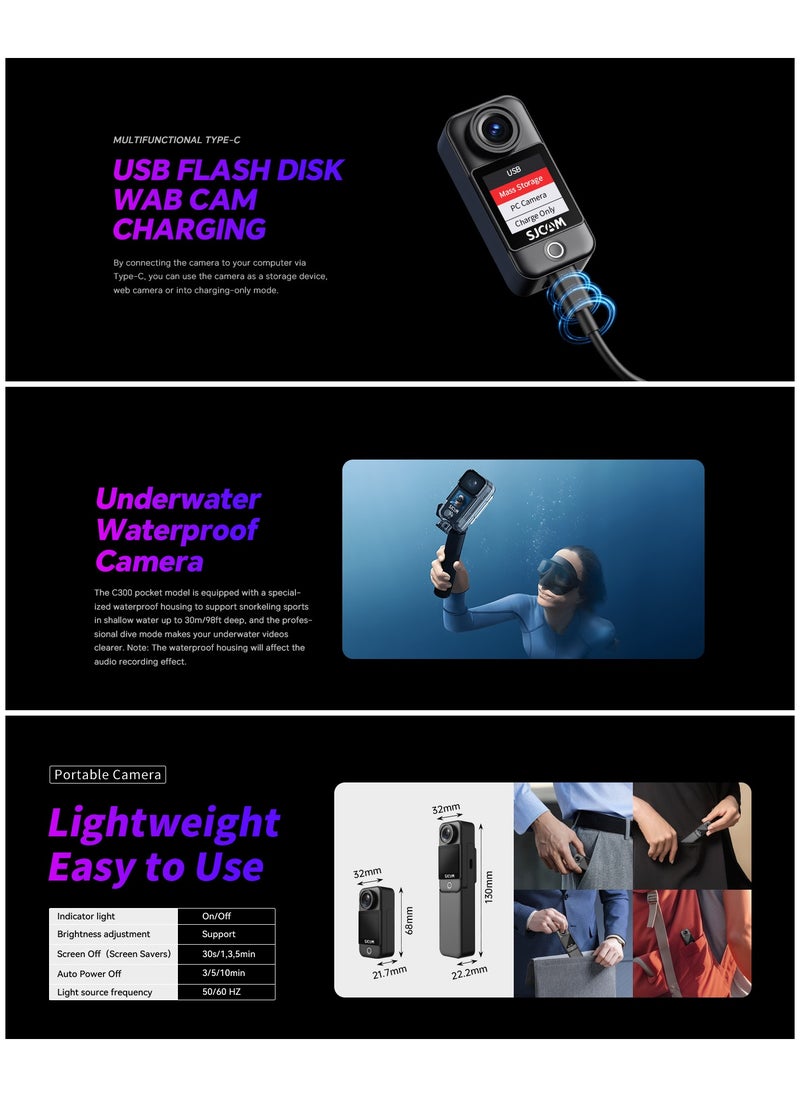 C300 Pocket Camera 4K, 3800mAh Battery 6-Axis Stabilizer Action Camera, Dual-Touch Screen Body Camera, Waterproof, Suitable for Vlogging and Live Streaming, with Helmet Mount Kits, Black
