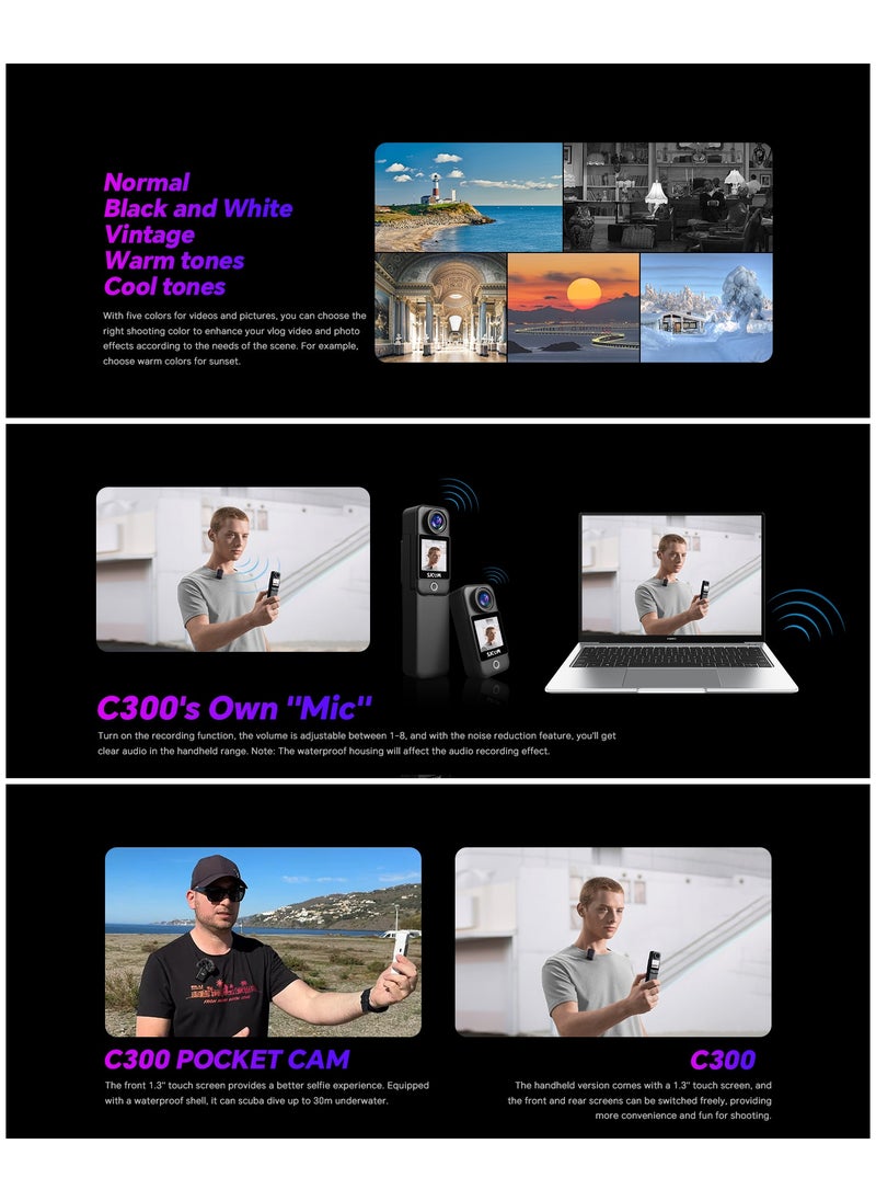 C300 Pocket Camera 4K, 3800mAh Battery 6-Axis Stabilizer Action Camera, Dual-Touch Screen Body Camera, Waterproof, Suitable for Vlogging and Live Streaming, with Helmet Mount Kits, Black