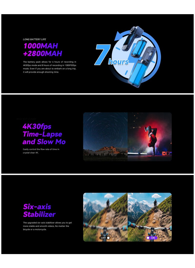 C300 Pocket Camera 4K, 3800mAh Battery 6-Axis Stabilizer Action Camera, Dual-Touch Screen Body Camera, Waterproof, Suitable for Vlogging and Live Streaming, with Helmet Mount Kits, Black
